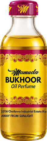 Mamuda Bukhoor oil perfume, amber bottle with a gold label