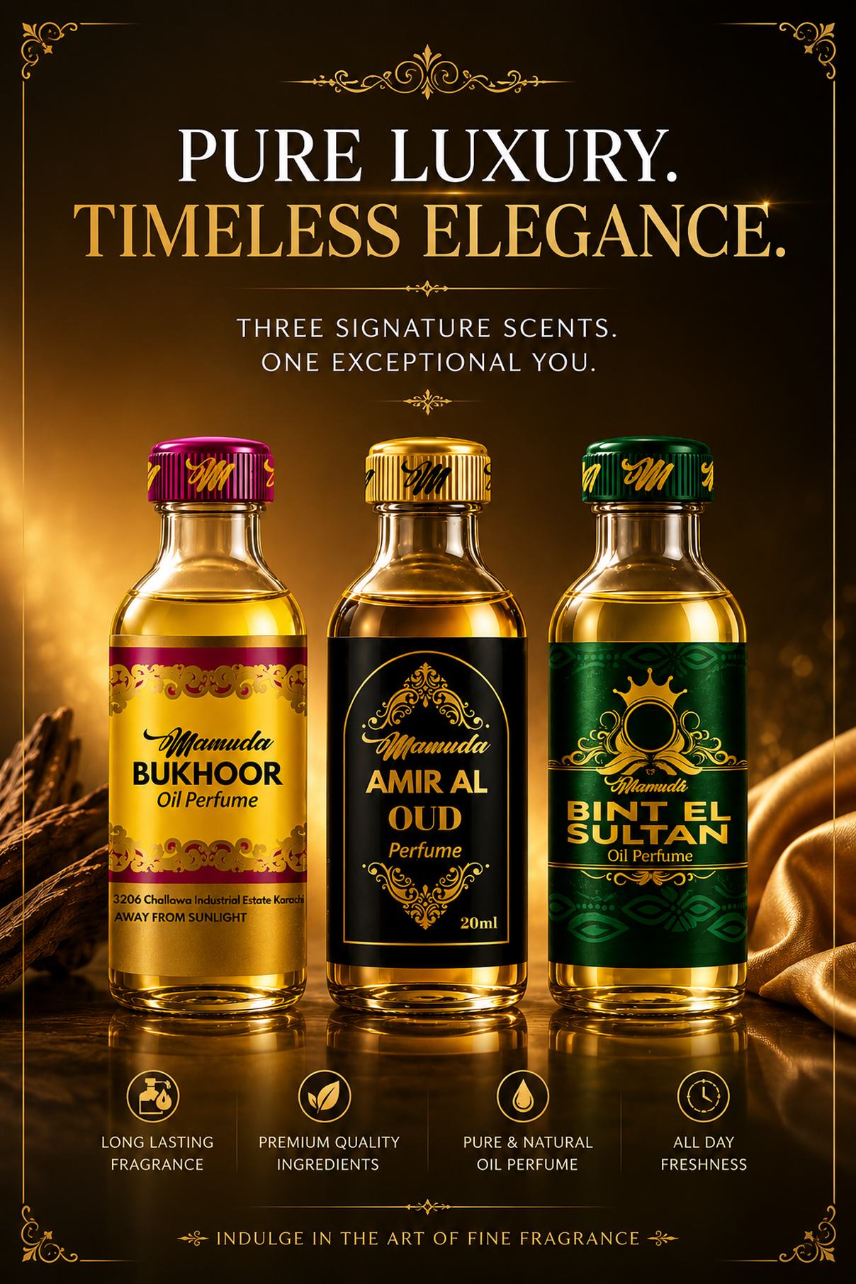 Mamuda Attar campaign banner &mdash; the Bukhoor, Amir Al Oud and Bint El Sultan oil perfume bottles, "Pure luxury, timeless elegance"