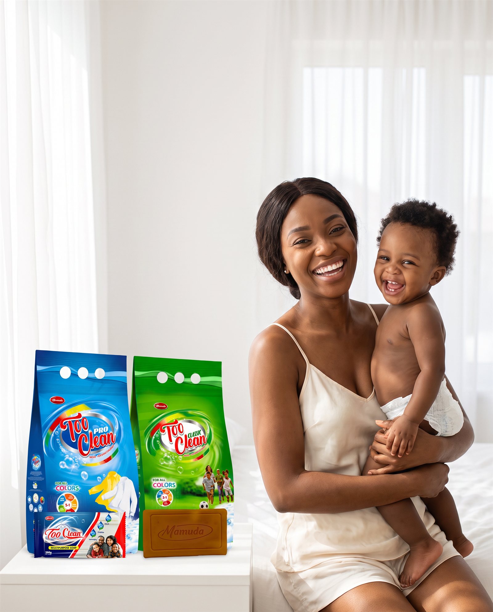 A smiling Nigerian mother holding her laughing baby in a bright white bedroom, with Too Clean Pro, Too Clean Classic, TC Multipurpose Soap and Mamuda Laundry Soap on the table beside them
