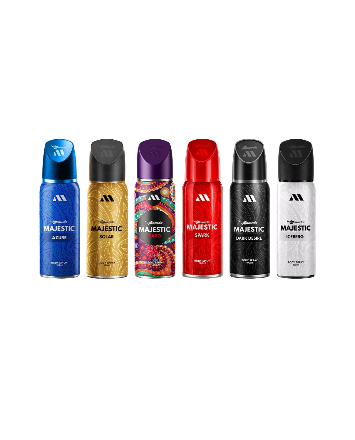 The six Mamuda Majestic perfumed body spray cans in a row — Azure, Solar, Saro, Spark, Dark Desire and Iceberg