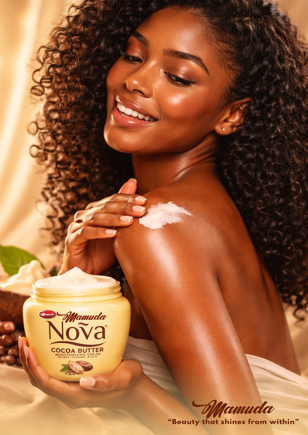 Nova Cocoa Butter cream campaign banner &mdash; the jar large in the foreground with a smiling model applying the cream to her shoulder, "Beauty that shines from within"