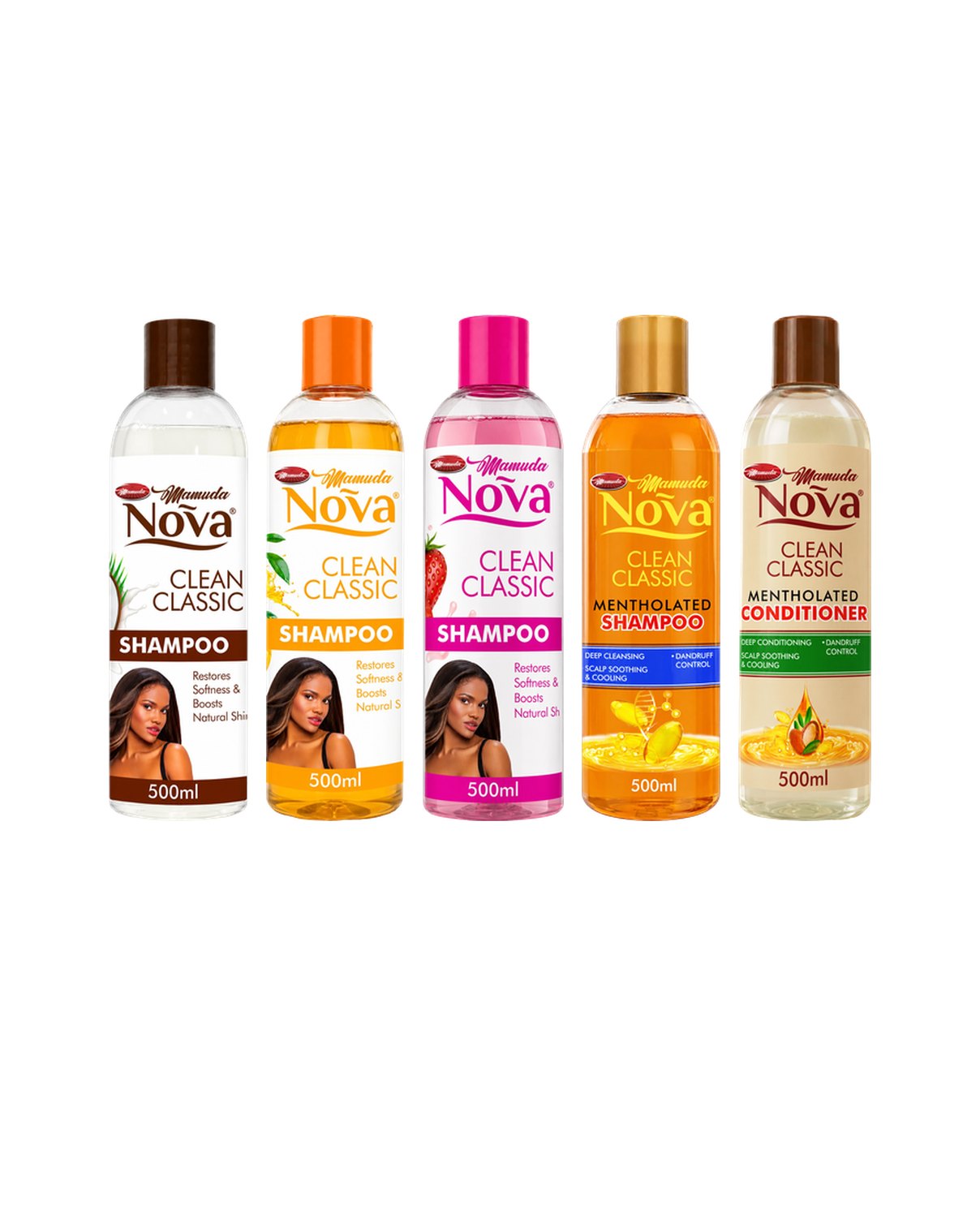 The Nova Clean Classic shampoo and conditioner bottles in a row &mdash; Classic, Mango, Strawberry, Mentholated shampoo and Mentholated conditioner