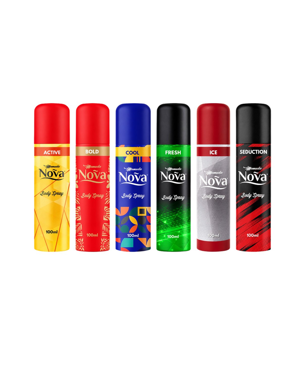 The six Nova Body Spray cans in a row — Active, Bold, Cool, Fresh, Ice and Seduction