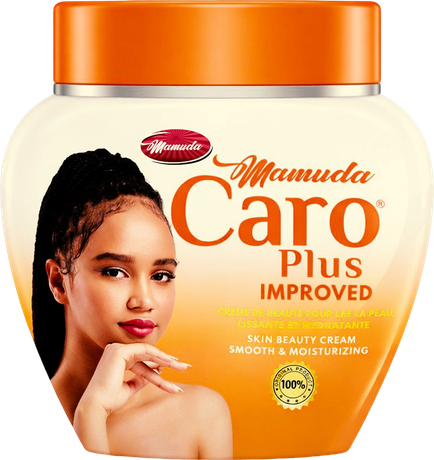 Mamuda Caro Plus Improved skin beauty cream, cream and orange jar with a model on the label